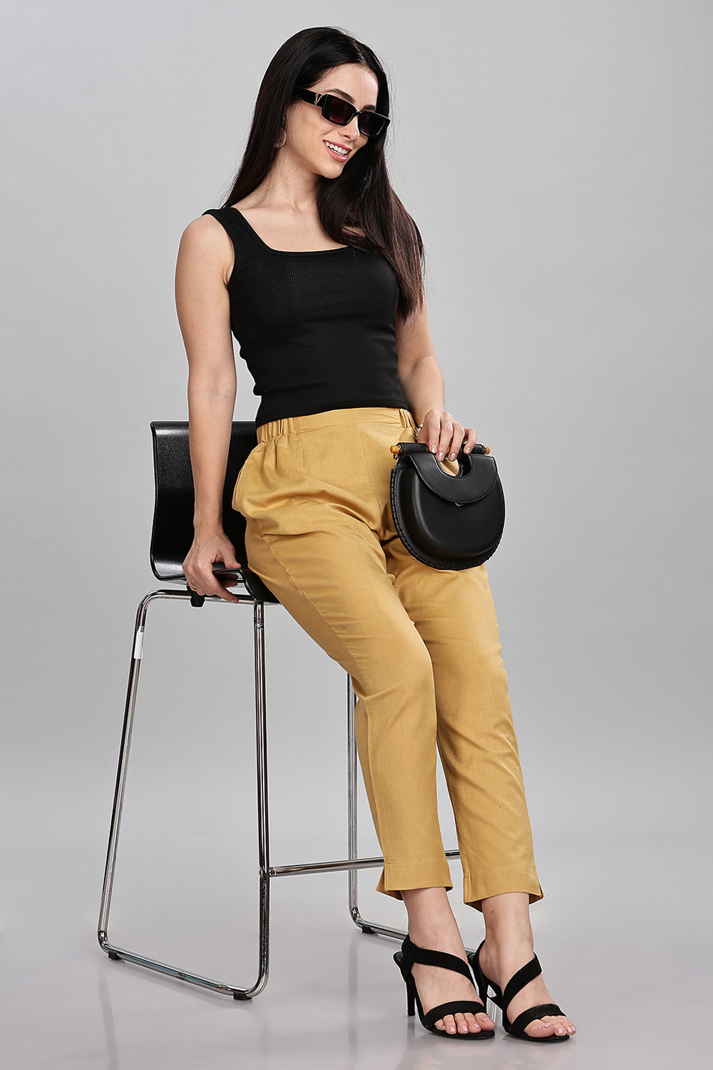 Mythri Women’s Straight Cotton-Blend Pants | Soft Handfeel, Drawstring Waist & Hem Slit - P002