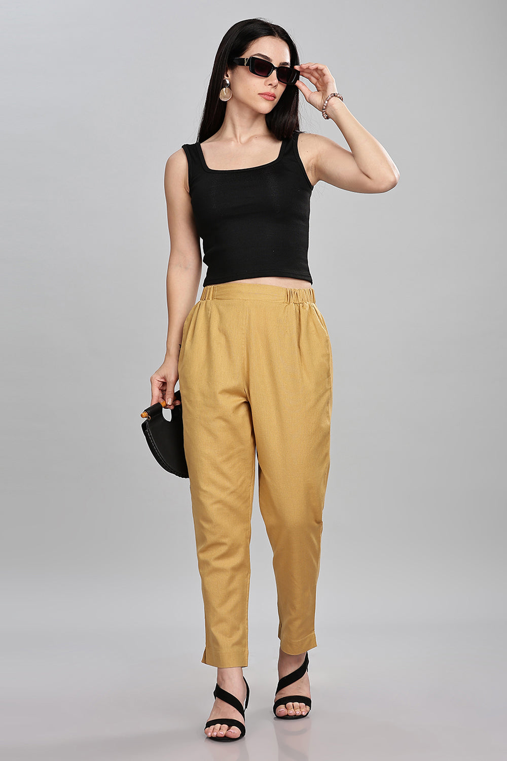 Mythri Women’s Straight Cotton-Blend Pants | Soft Handfeel, Drawstring Waist & Hem Slit - P002