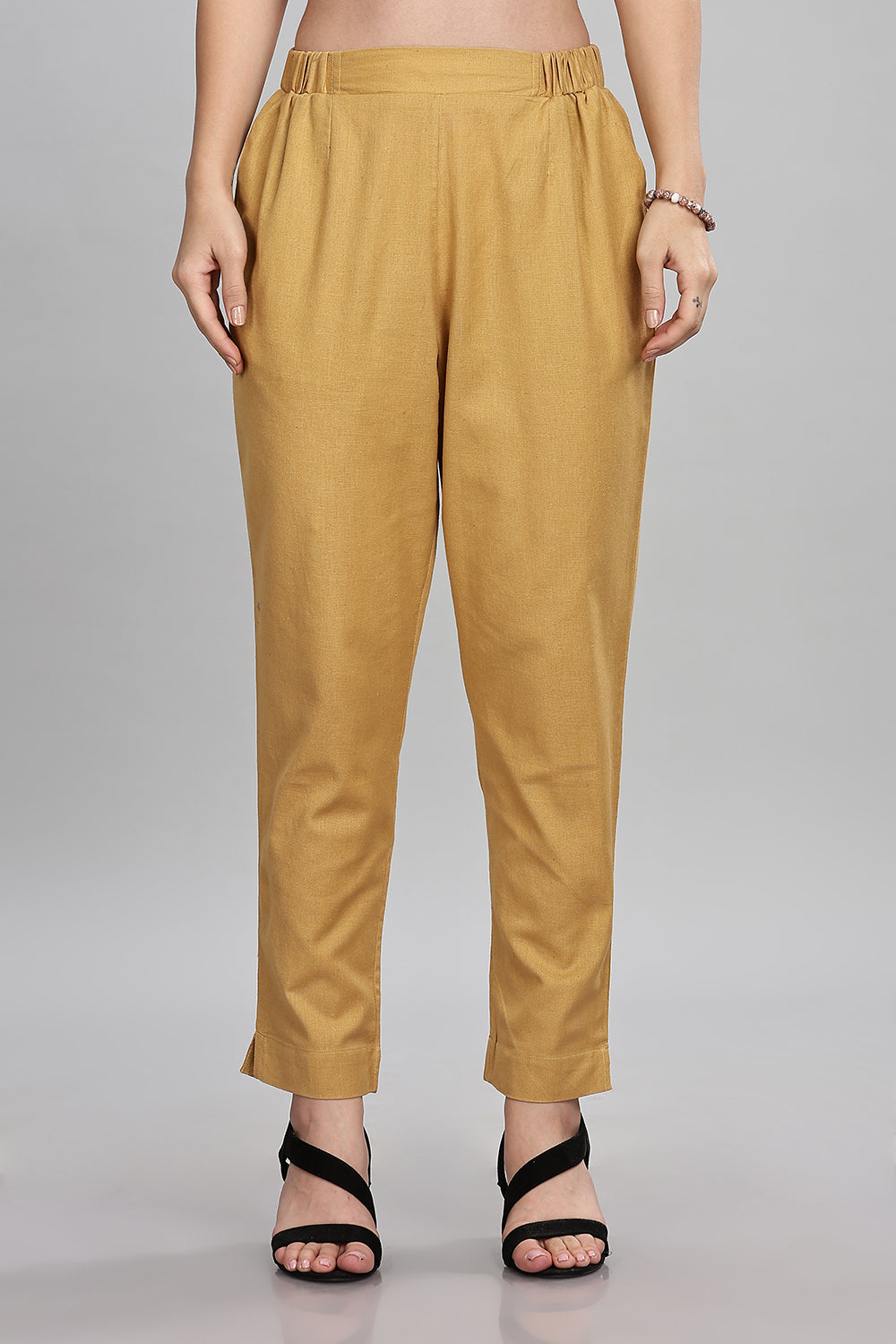 Mythri Women’s Straight Cotton-Blend Pants | Soft Handfeel, Drawstring Waist & Hem Slit - P002