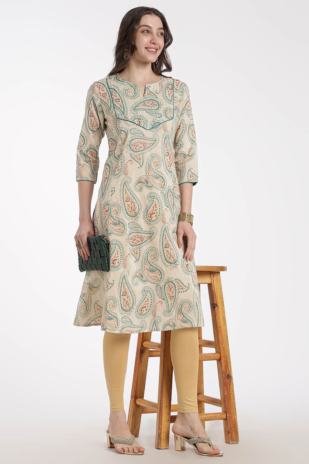 Mythri Women’s Cotton Chanderi Embroidered Kurti – Round Neck V-Notch 3/4 Sleeve Butta Print Ethnic Kurti for Women | Everyday Cotton Kurti - 1202