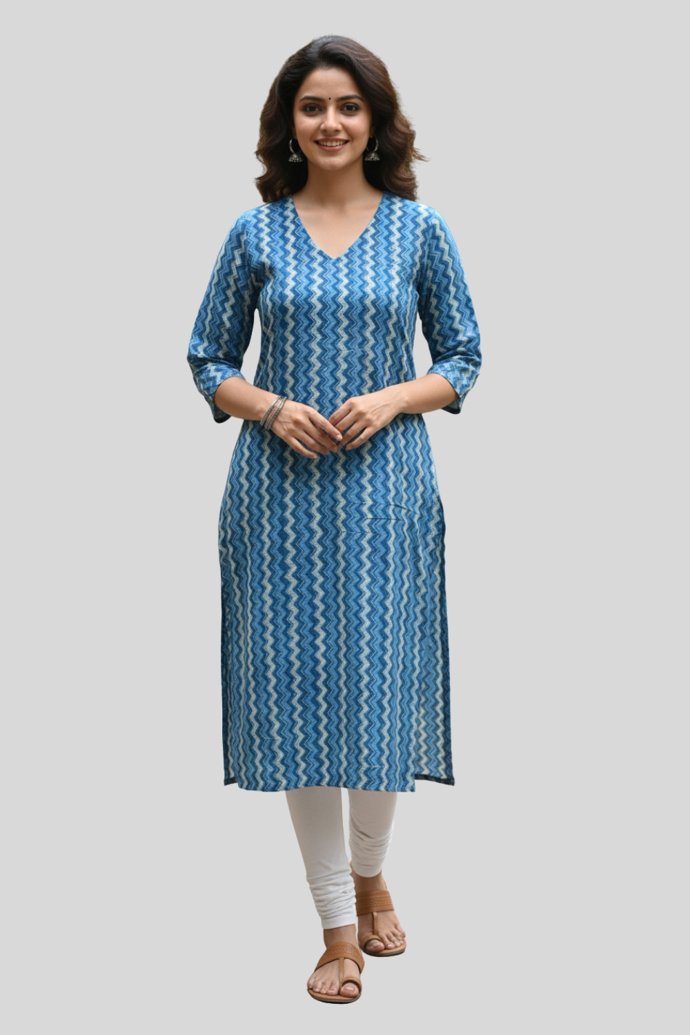 Mythri Women’s Cotton Straight Kurthi with V Neck and 3/4th Sleeves Daily Wear Kurta - Blue - V002