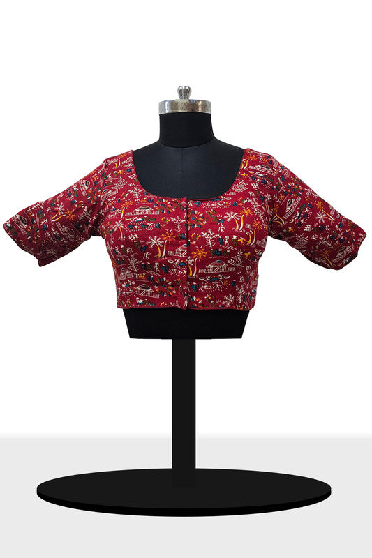 Women’s Blouse Padded Cotton Blend Front Open Round Neck Princess Cut Elbow Sleeve Saree Blouse - Maroon - 1623
