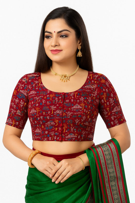 Women’s Blouse Padded Cotton Blend Front Open Round Neck Princess Cut Elbow Sleeve Saree Blouse - Maroon - 1623