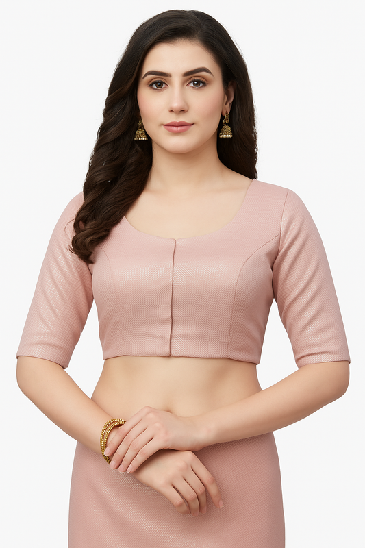 Women’s Blouse Silk Blend Padded Front Open Round Neck Princess Cut Elbow Sleeve Shimmer Saree Blouse - Peach - 1633