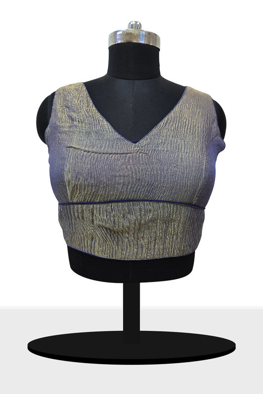 Women’s Blouse Silk Blend Organza Padded Back Open V Neck Princess Cut Sleeveless Saree Blouse with Attachable Sleeves - Navy Blue - 1638