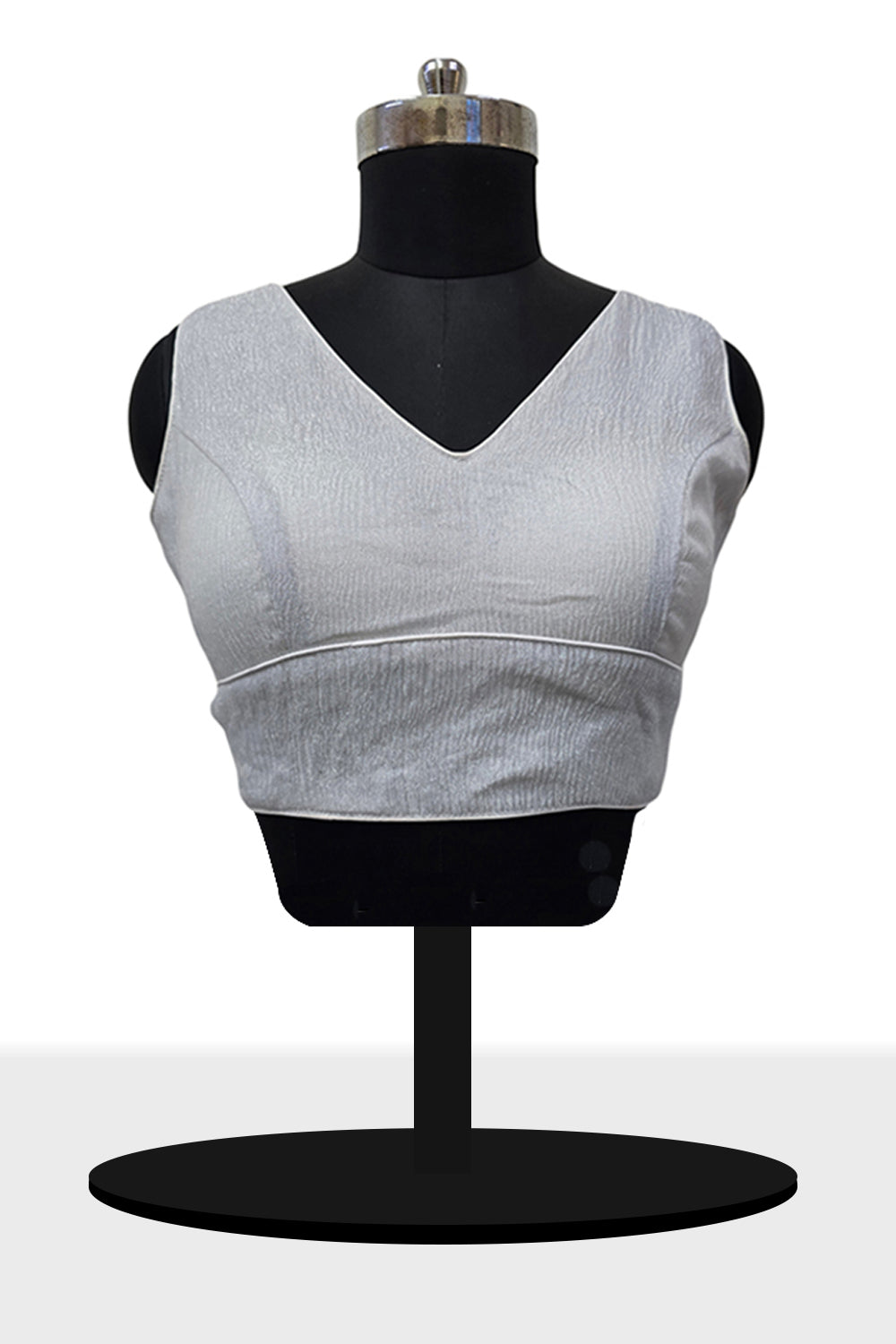 Women’s Blouse Silk Blend Organza Padded Back Open V Neck Princess Cut Sleeveless Saree Blouse with Attachable Sleeves - Silver - 1638