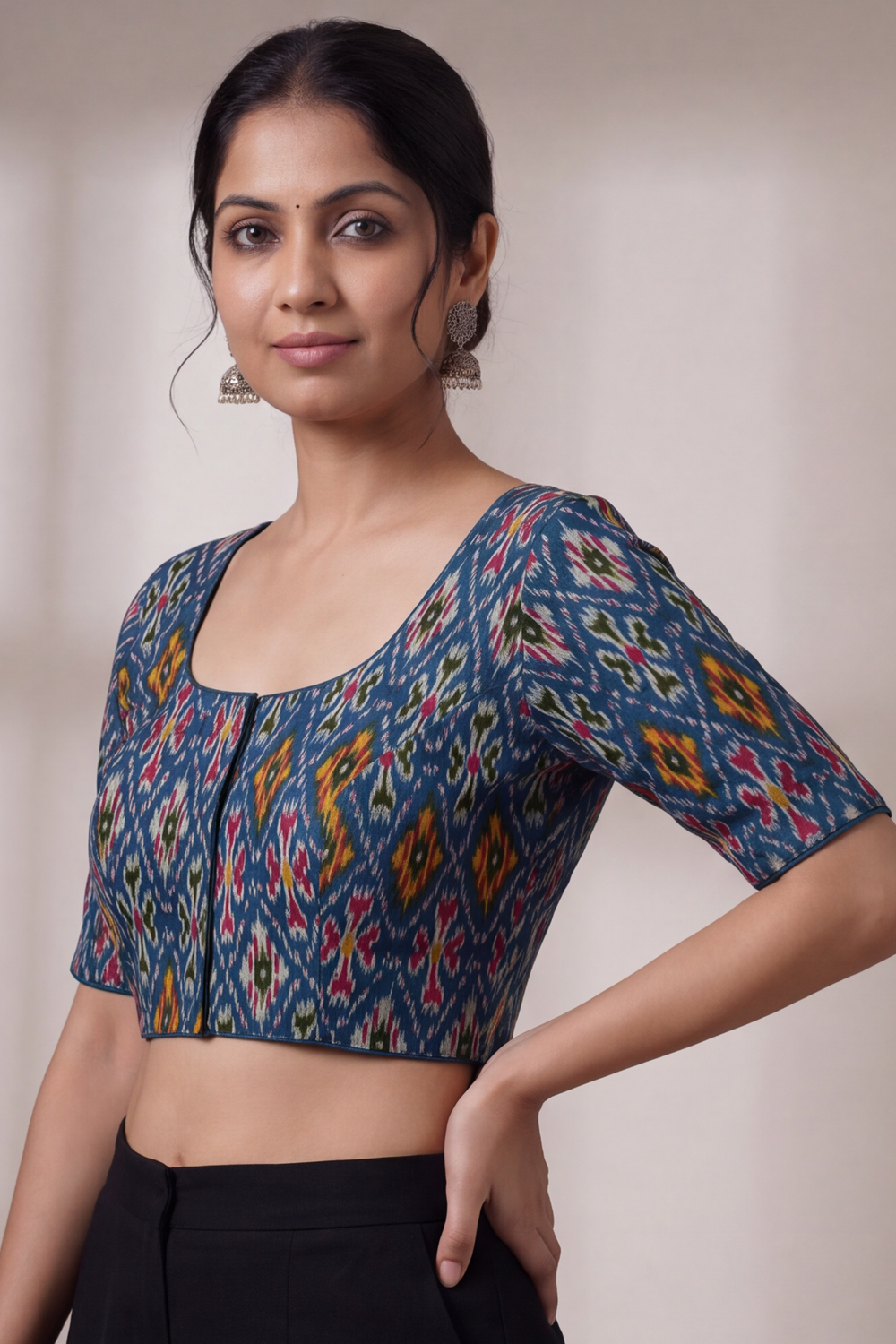 Women's Prints Cotton Blend Saree Blouse with U-neck, Elbow Sleeve and Regular Fit | Ready-to-Wear Saree Blouse for Daily Wear & Festive Wear - 641A