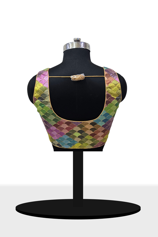 Women’s Blouse Silk Blend Multicolour Embroidered Padded Front Open Princess Cut Sleeveless Saree Blouse with Attachable Sleeves - Gold - 4030