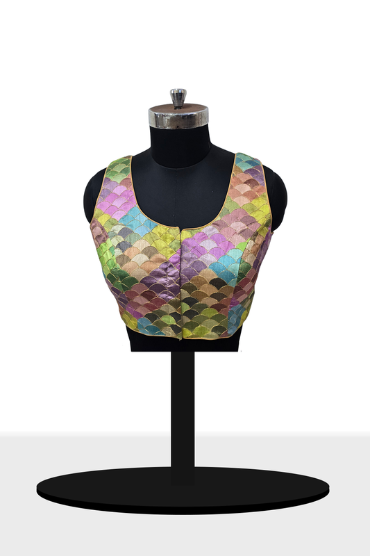 Women’s Blouse Silk Blend Multicolour Embroidered Padded Front Open Princess Cut Sleeveless Saree Blouse with Attachable Sleeves - Gold - 4030