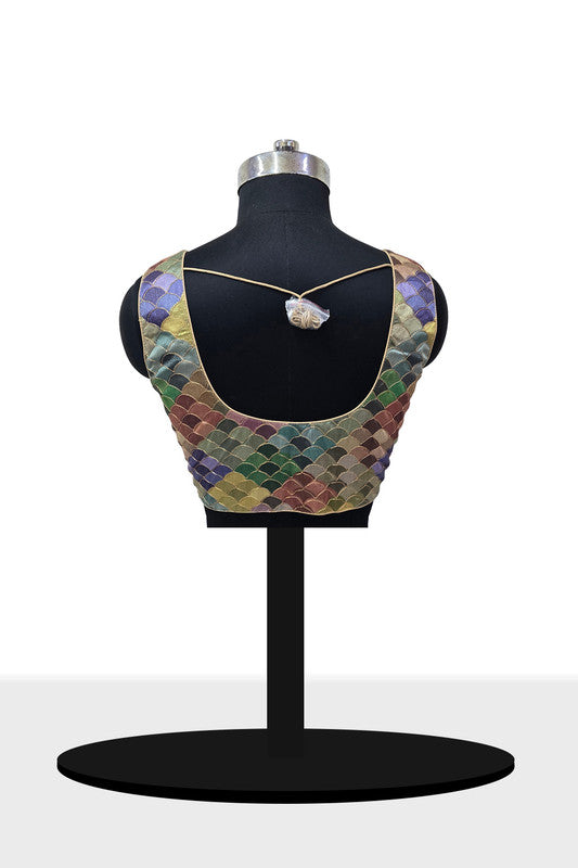 Women’s Blouse Silk Blend Multicolour Embroidered Padded Front Open Princess Cut Sleeveless Saree Blouse with Attachable Sleeves - Mehandi - 4030