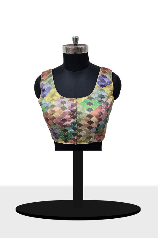 Women’s Blouse Silk Blend Multicolour Embroidered Padded Front Open Princess Cut Sleeveless Saree Blouse with Attachable Sleeves - Mehandi - 4030
