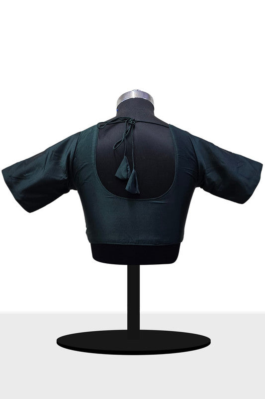 Women’s Blouse Silk Blend Padded Front Open Round Neck Princess Cut Elbow Sleeve Solid Saree Blouse with Round Back - Bottle Green - 4050