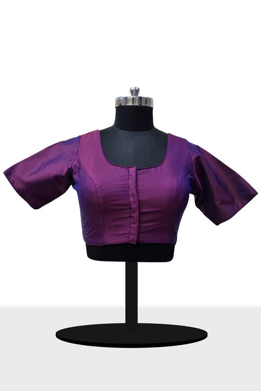 Women’s Blouse Silk Blend Padded Front Open Round Neck Princess Cut Elbow Sleeve Solid Saree Blouse with Round Back - Dark Magenta - 4050
