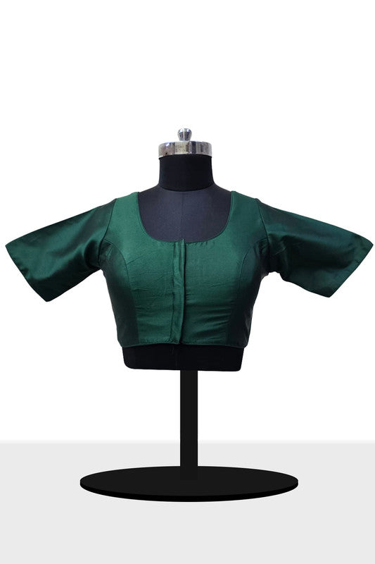 Women’s Blouse Silk Blend Padded Front Open Round Neck Princess Cut Elbow Sleeve Solid Saree Blouse with Round Back - Green - 4050