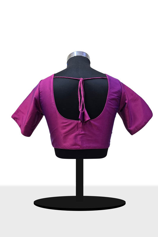 Women’s Blouse Silk Blend Padded Front Open Round Neck Princess Cut Elbow Sleeve Solid Saree Blouse with Round Back - Magenta - 4050