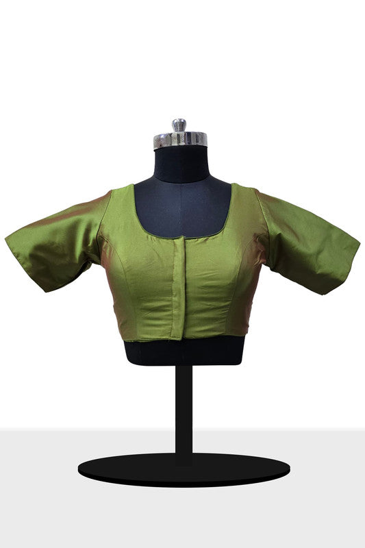 Women’s Blouse Silk Blend Padded Front Open Round Neck Princess Cut Elbow Sleeve Solid Saree Blouse with Round Back - Mehandi - 4050