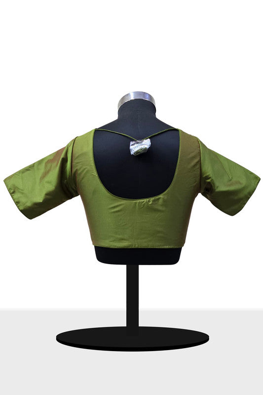 Women’s Blouse Silk Blend Padded Front Open Round Neck Princess Cut Elbow Sleeve Solid Saree Blouse with Round Back - Mehandi - 4050