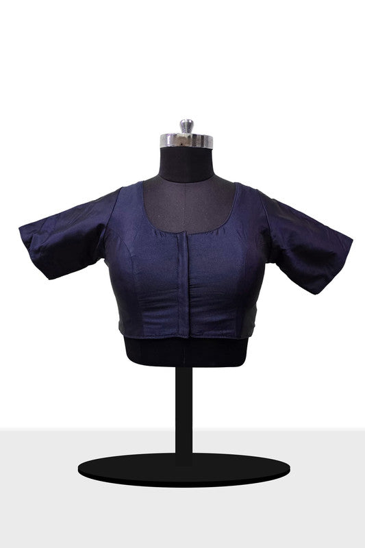 Women’s Blouse Silk Blend Padded Front Open Round Neck Princess Cut Elbow Sleeve Solid Saree Blouse with Round Back - Navy Blue - 4050