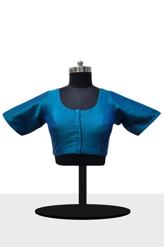 Women’s Blouse Silk Blend Padded Front Open Round Neck Princess Cut Elbow Sleeve Solid Saree Blouse with Round Back - Rama Blue - 4050