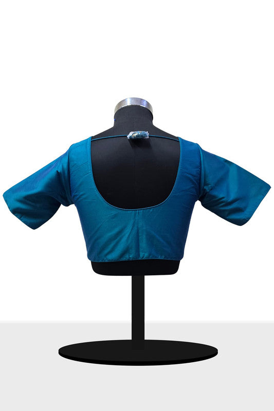 Women’s Blouse Silk Blend Padded Front Open Round Neck Princess Cut Elbow Sleeve Solid Saree Blouse with Round Back - Rama Blue - 4050