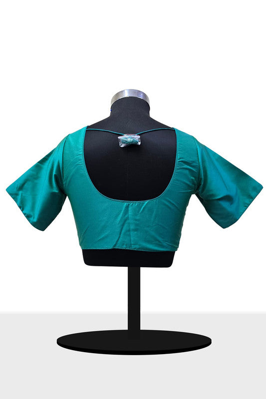 Women’s Blouse Silk Blend Padded Front Open Round Neck Princess Cut Elbow Sleeve Solid Saree Blouse with Round Back - Rama Green - 4050