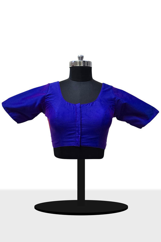 Women’s Blouse Silk Blend Padded Front Open Round Neck Princess Cut Elbow Sleeve Solid Saree Blouse with Round Back - Royal Blue - 4050
