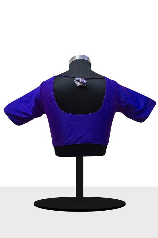 Women’s Blouse Silk Blend Padded Front Open Round Neck Princess Cut Elbow Sleeve Solid Saree Blouse with Round Back - Royal Blue - 4050