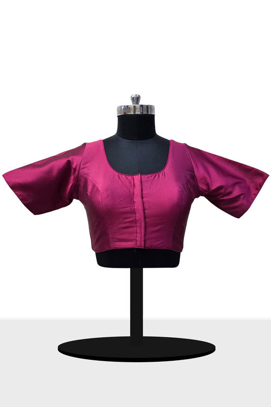 Women’s Blouse Silk Blend Padded Front Open Round Neck Princess Cut Elbow Sleeve Solid Saree Blouse with Round Back - Red - 4050