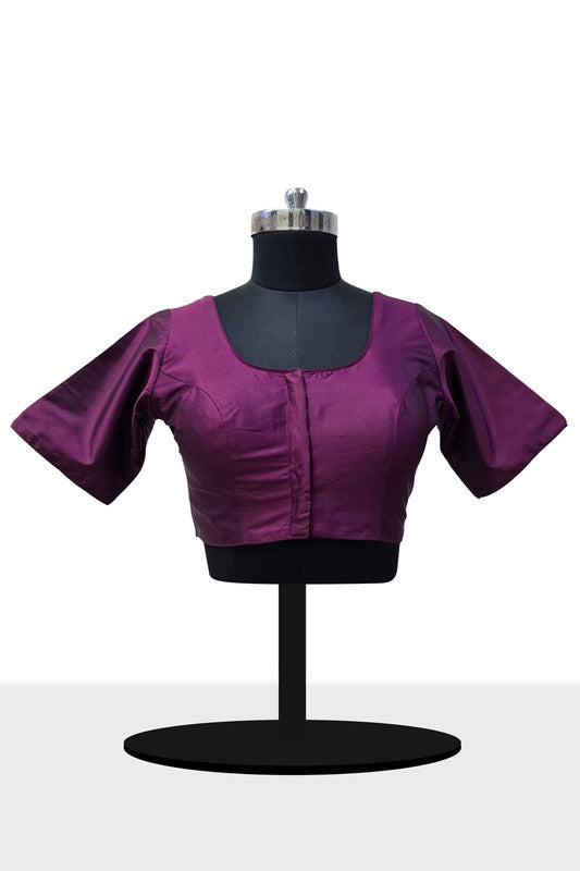 Women’s Blouse Silk Blend Padded Front Open Round Neck Princess Cut Elbow Sleeve Solid Saree Blouse with Round Back - Wine - 4050