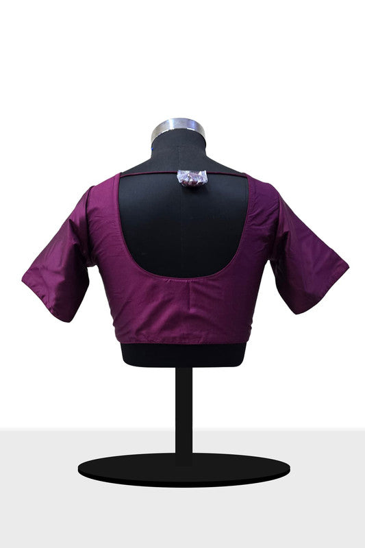 Women’s Blouse Silk Blend Padded Front Open Round Neck Princess Cut Elbow Sleeve Solid Saree Blouse with Round Back - Wine - 4050