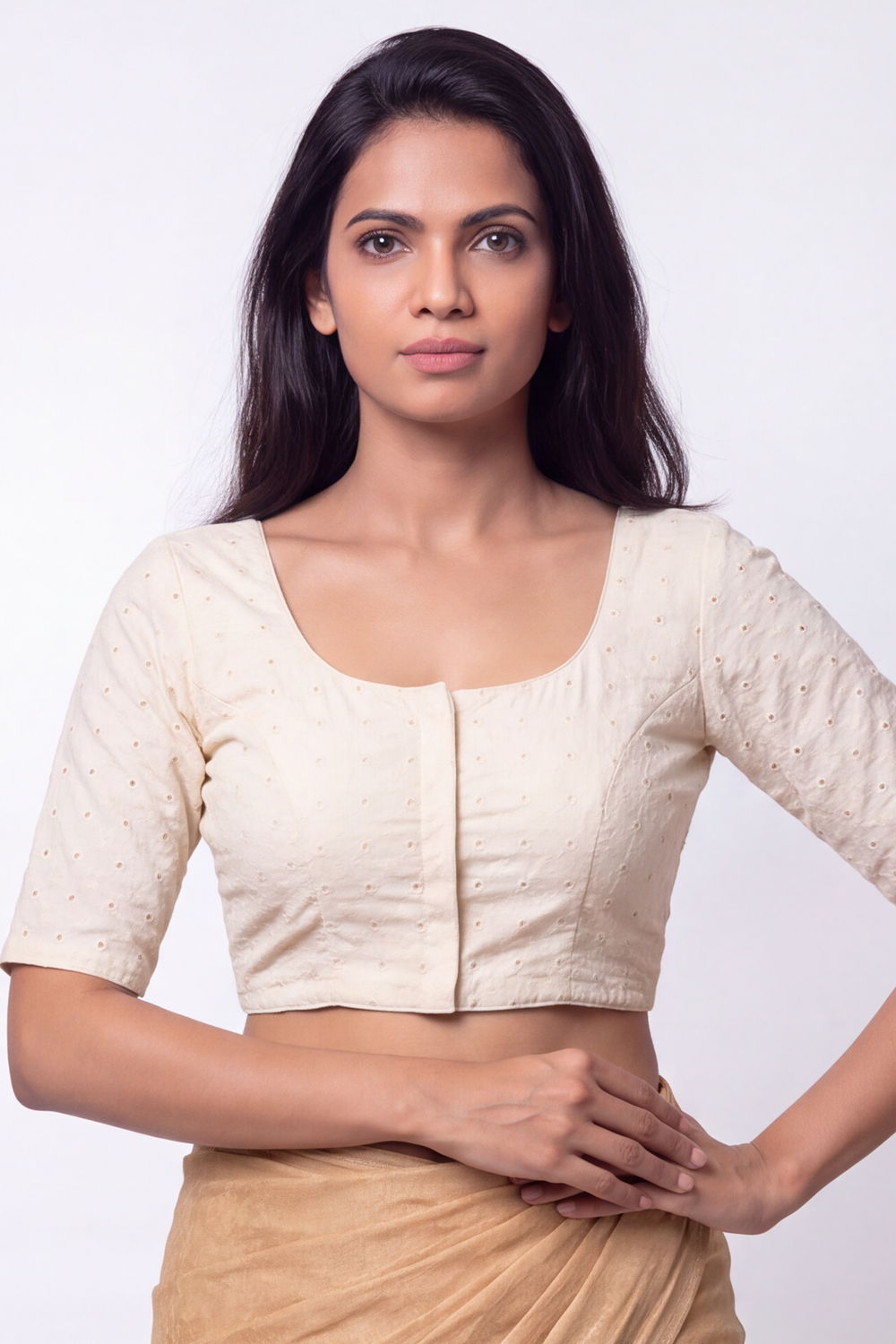 Women's Embroidery Cotton Blend Saree Blouse with U-neck, Elbow Sleeve and Regular Fit | Ready-to-Wear Saree Blouse for Daily Wear & Festive Wear - 4118