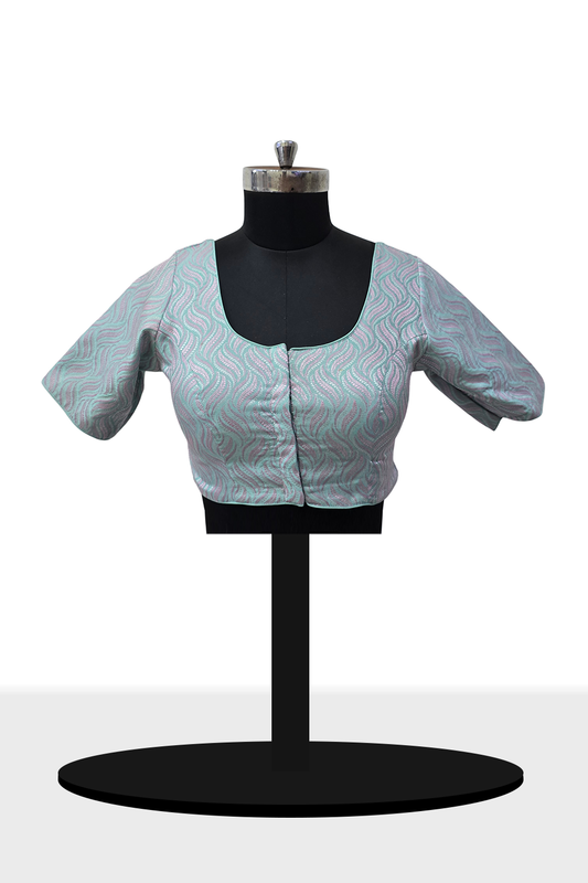 Women’s Blouse Art Silk Padded Front Open Round Neck Princess Cut Elbow Sleeve Saree Blouse with Round Back - Sea Green - 4193