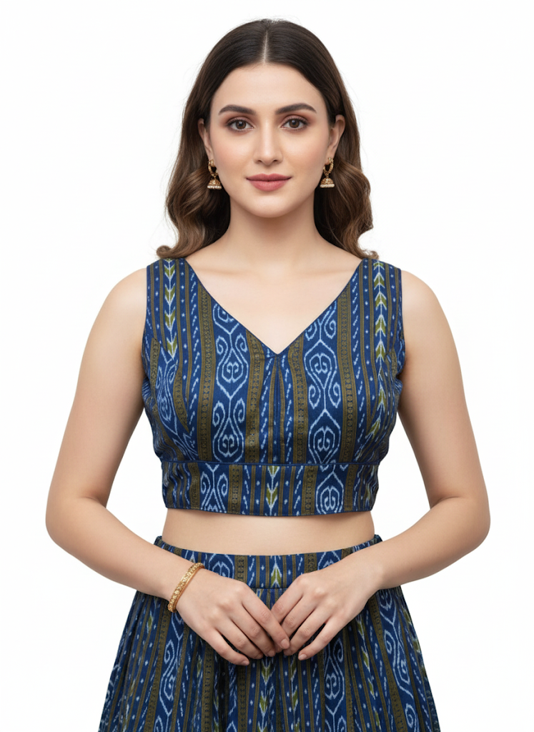 Women’s Blouse Cotton Blend Printed Padded Back Open V Neck Princess Cut Elbow Sleeve Saree Blouse with Deep V Back - Blue - 4312
