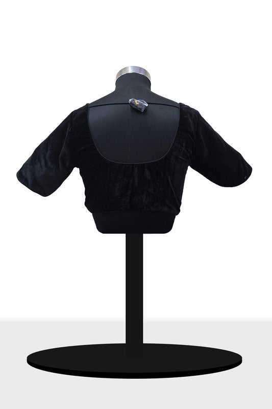 Women’s Blouse Velvet Padded Front Open Round Neck Princess Cut Elbow Sleeve Saree Blouse with Round Back - Black - N972