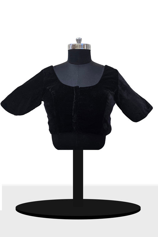 Women’s Blouse Velvet Padded Front Open Round Neck Princess Cut Elbow Sleeve Saree Blouse with Round Back - Black - N972