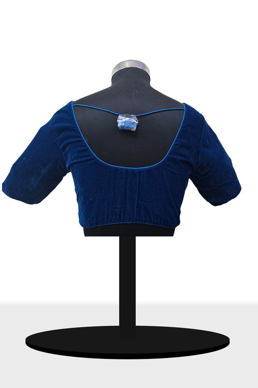 Women’s Blouse Velvet Padded Front Open Round Neck Princess Cut Elbow Sleeve Saree Blouse with Round Back - Rama Blue - N972