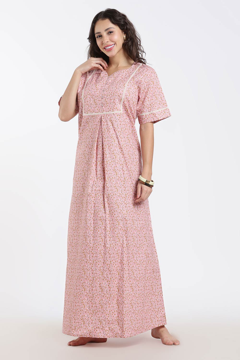 Naidu Hall Printed Cotton Nighty for Women – A-Line Full Length Sleepwear with Lace Yoke & Inverted Pleat | Comfortable Daily Wear Nighty
 - N138