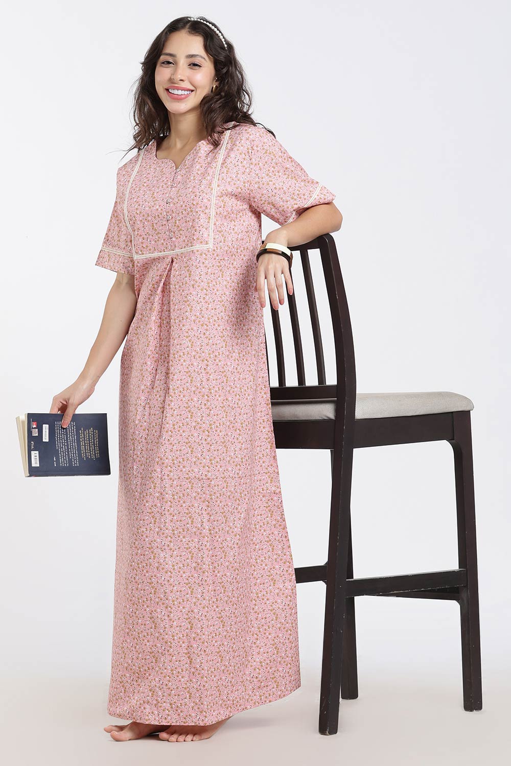 Naidu Hall Printed Cotton Nighty for Women – A-Line Full Length Sleepwear with Lace Yoke & Inverted Pleat | Comfortable Daily Wear Nighty
 - N138