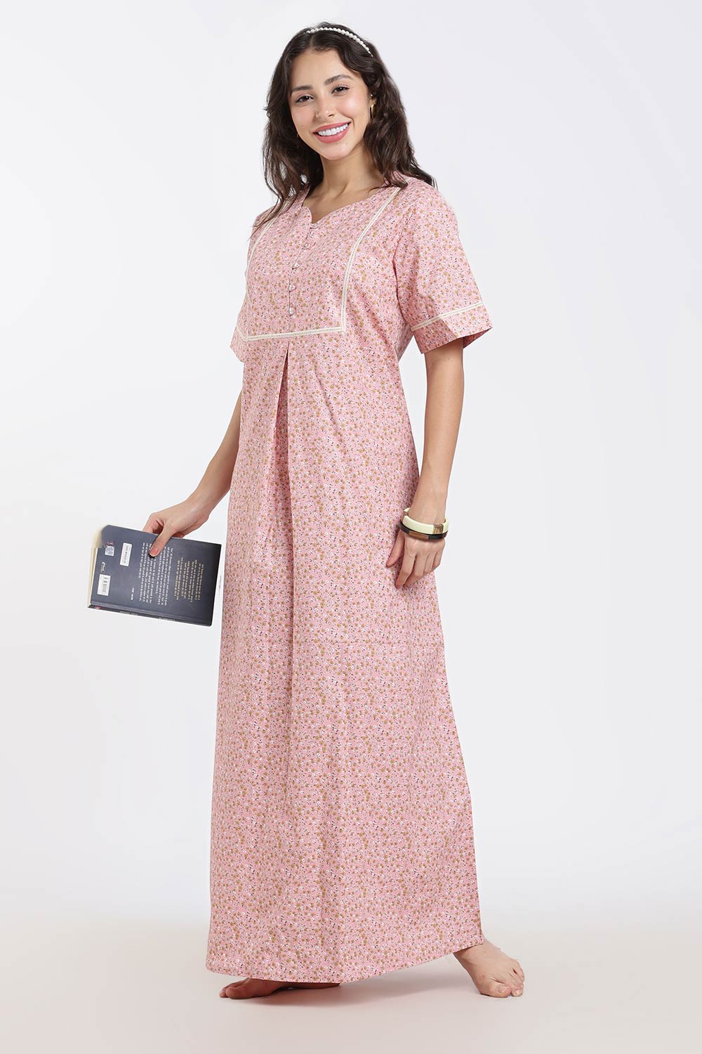 Naidu Hall Printed Cotton Nighty for Women – A-Line Full Length Sleepwear with Lace Yoke & Inverted Pleat | Comfortable Daily Wear Nighty
 - N138