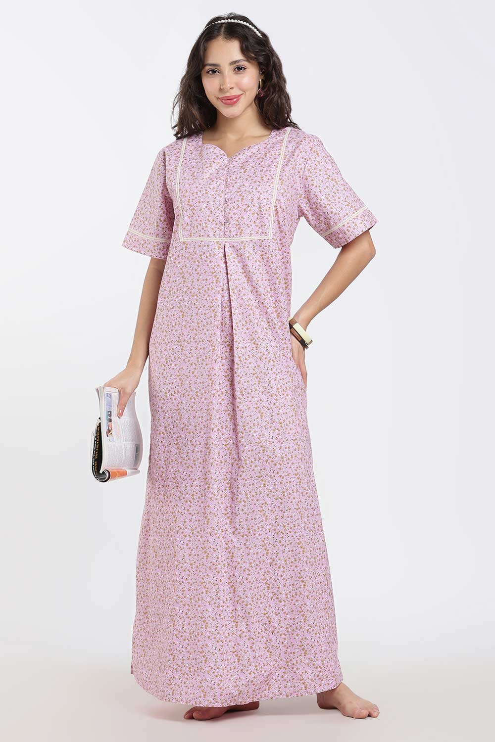 Naidu Hall Printed Cotton Nighty for Women – A-Line Full Length Sleepwear with Lace Yoke & Inverted Pleat | Comfortable Daily Wear Nighty
 - N138