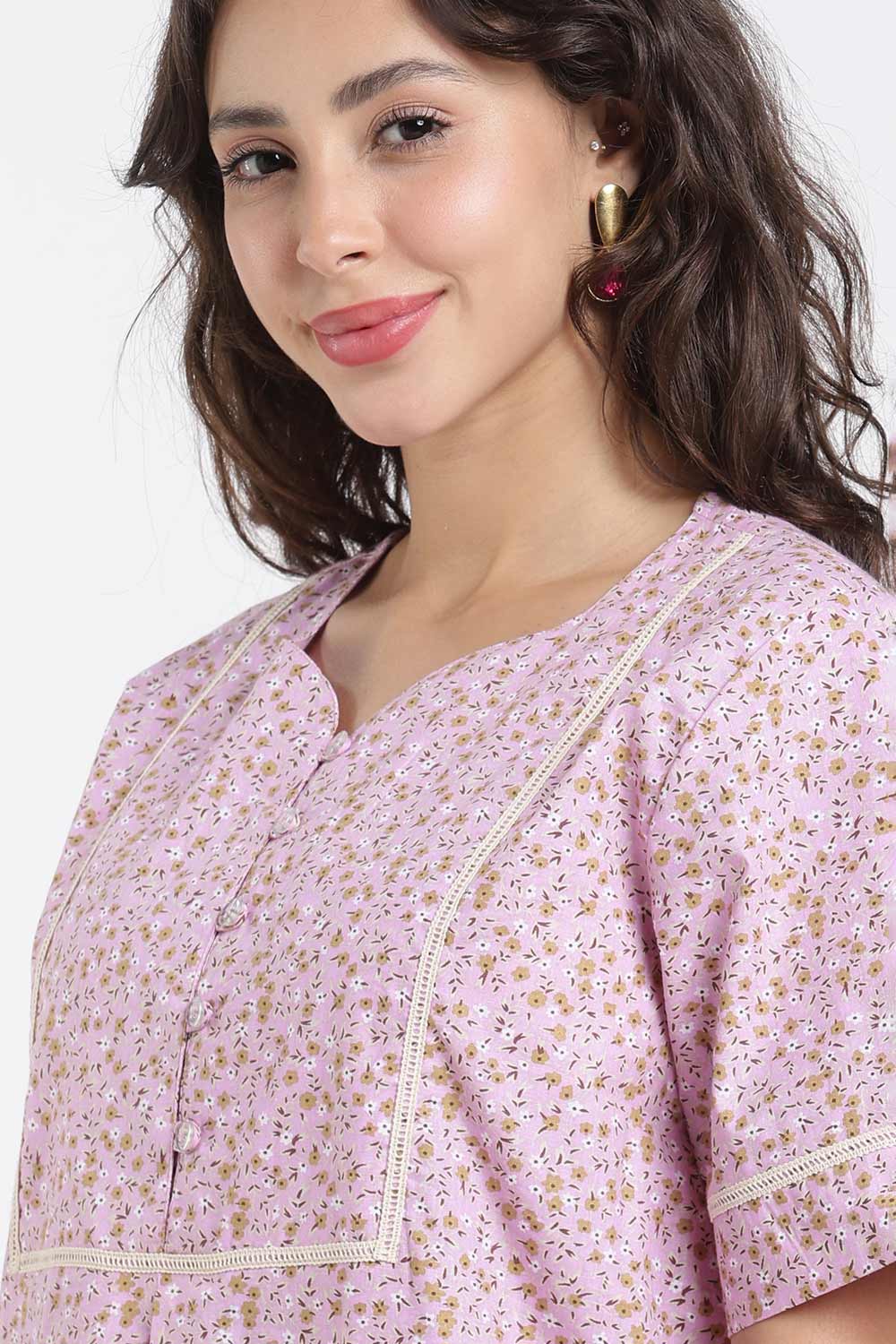 Naidu Hall Printed Cotton Nighty for Women – A-Line Full Length Sleepwear with Lace Yoke & Inverted Pleat | Comfortable Daily Wear Nighty
 - N138