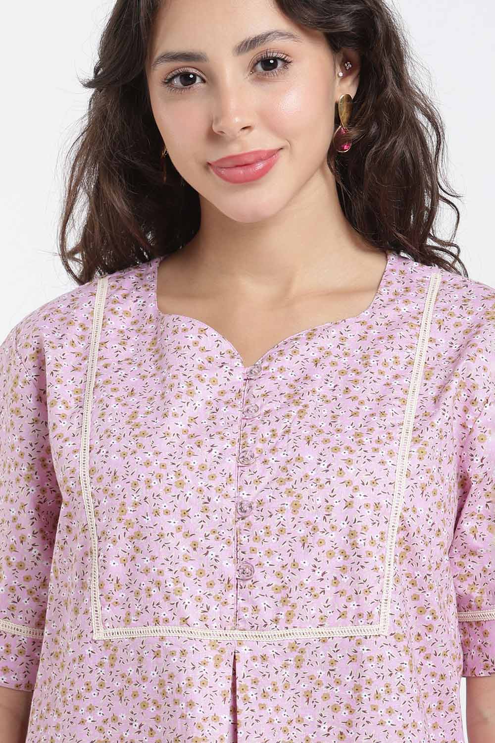Naidu Hall Printed Cotton Nighty for Women – A-Line Full Length Sleepwear with Lace Yoke & Inverted Pleat | Comfortable Daily Wear Nighty
 - N138