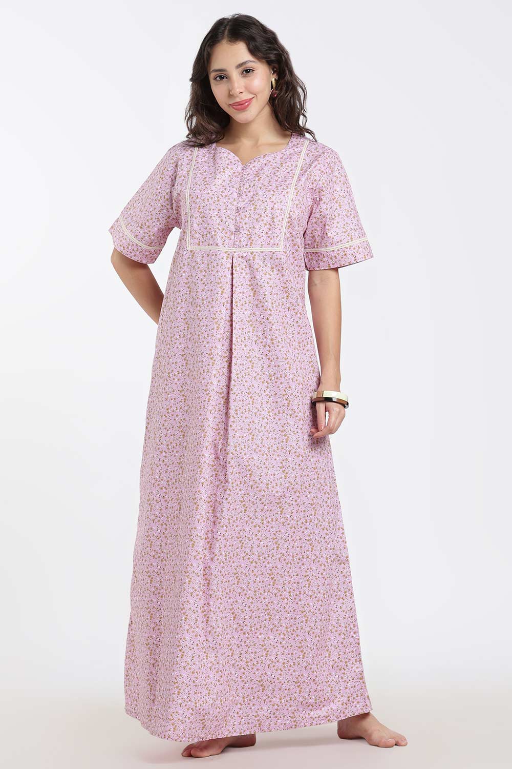 Naidu Hall Printed Cotton Nighty for Women – A-Line Full Length Sleepwear with Lace Yoke & Inverted Pleat | Comfortable Daily Wear Nighty
 - N138