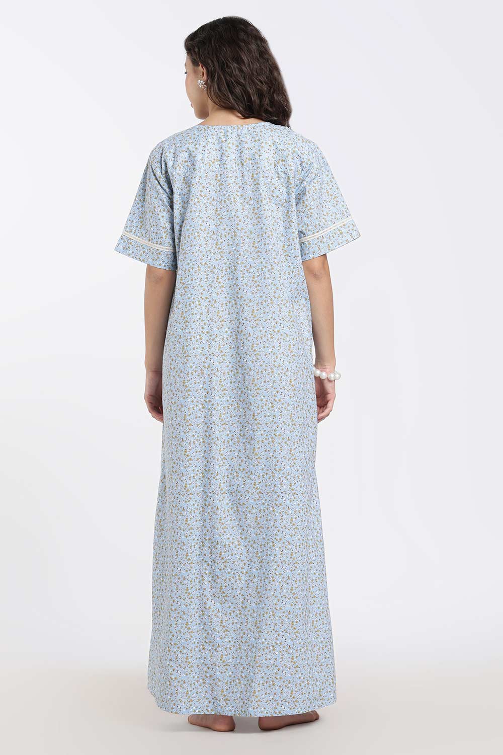 Naidu Hall Printed Cotton Nighty for Women – A-Line Full Length Sleepwear with Lace Yoke & Inverted Pleat | Comfortable Daily Wear Nighty
 - N138