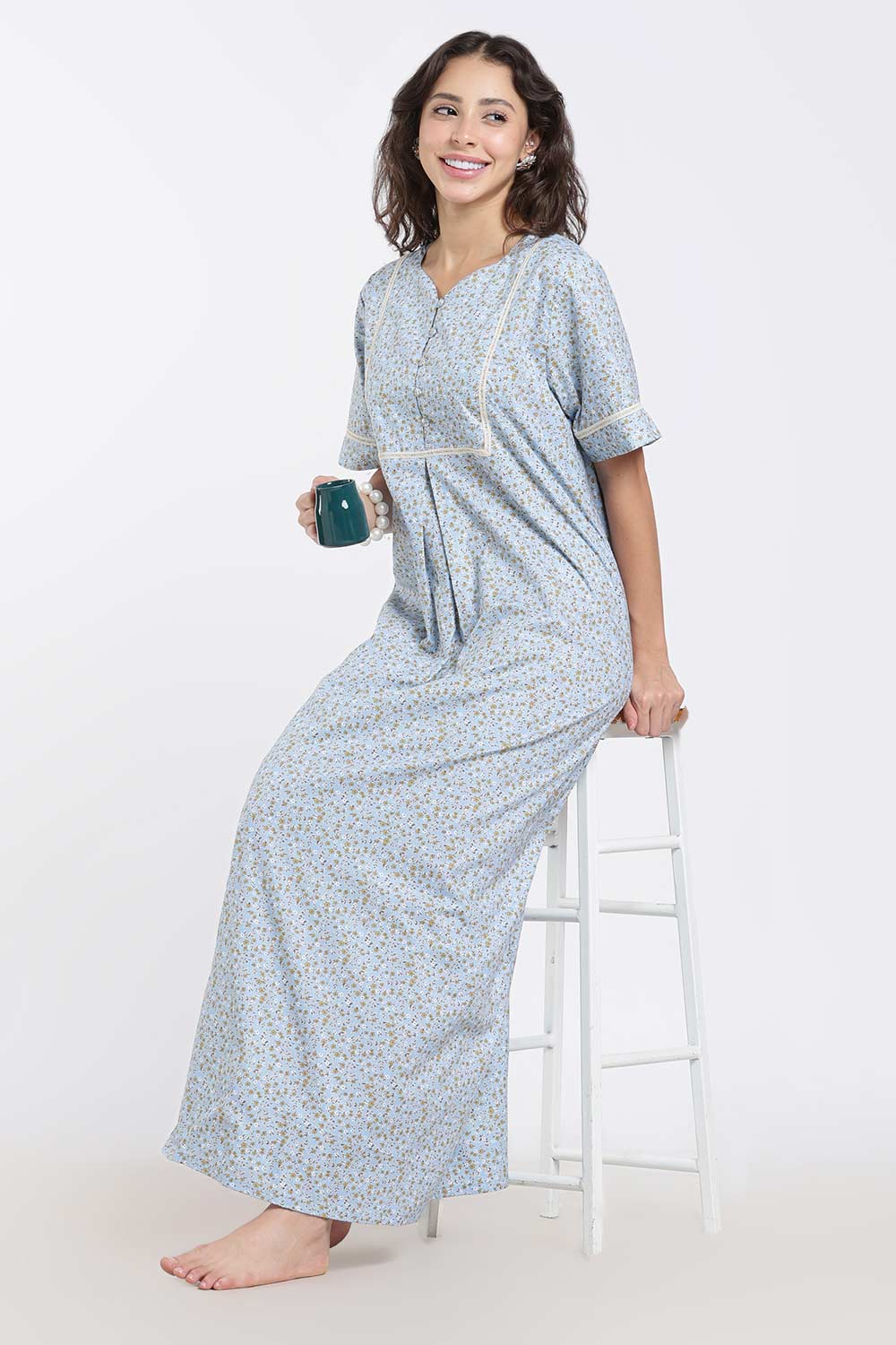 Naidu Hall Printed Cotton Nighty for Women – A-Line Full Length Sleepwear with Lace Yoke & Inverted Pleat | Comfortable Daily Wear Nighty
 - N138
