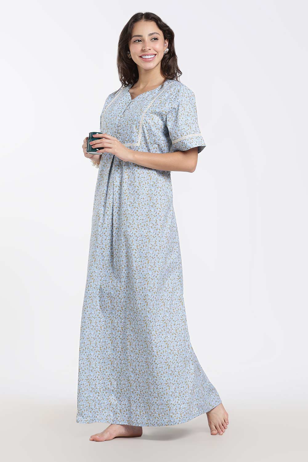 Naidu Hall Printed Cotton Nighty for Women – A-Line Full Length Sleepwear with Lace Yoke & Inverted Pleat | Comfortable Daily Wear Nighty
 - N138