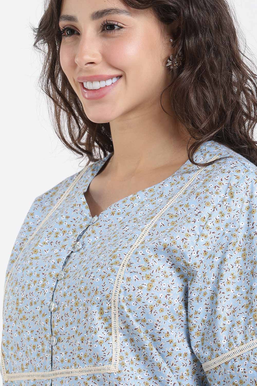 Naidu Hall Printed Cotton Nighty for Women – A-Line Full Length Sleepwear with Lace Yoke & Inverted Pleat | Comfortable Daily Wear Nighty
 - N138