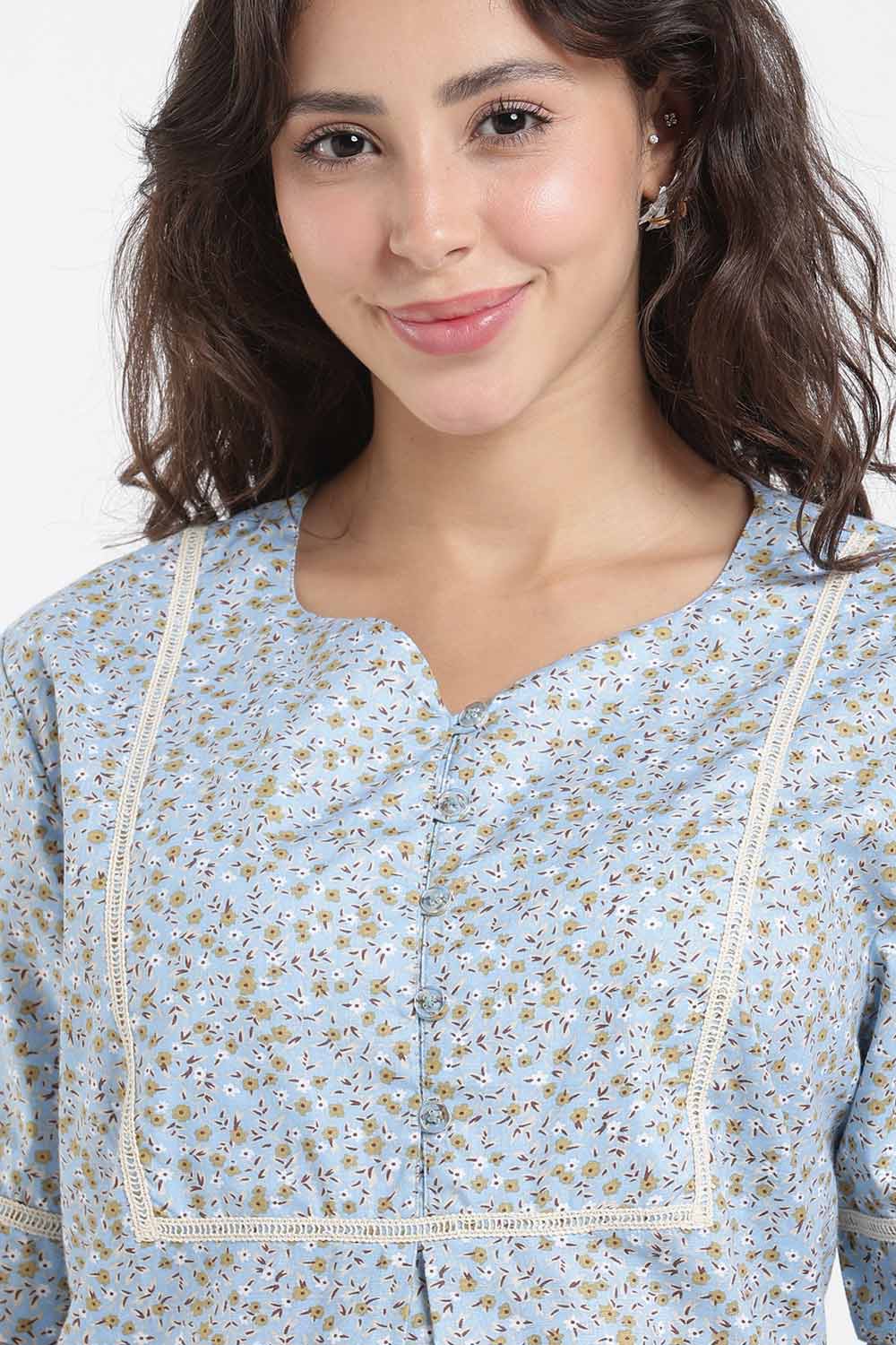 Naidu Hall Printed Cotton Nighty for Women – A-Line Full Length Sleepwear with Lace Yoke & Inverted Pleat | Comfortable Daily Wear Nighty
 - N138