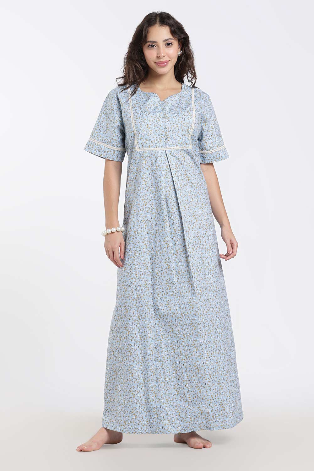 Naidu Hall Printed Cotton Nighty for Women – A-Line Full Length Sleepwear with Lace Yoke & Inverted Pleat | Comfortable Daily Wear Nighty
 - N138