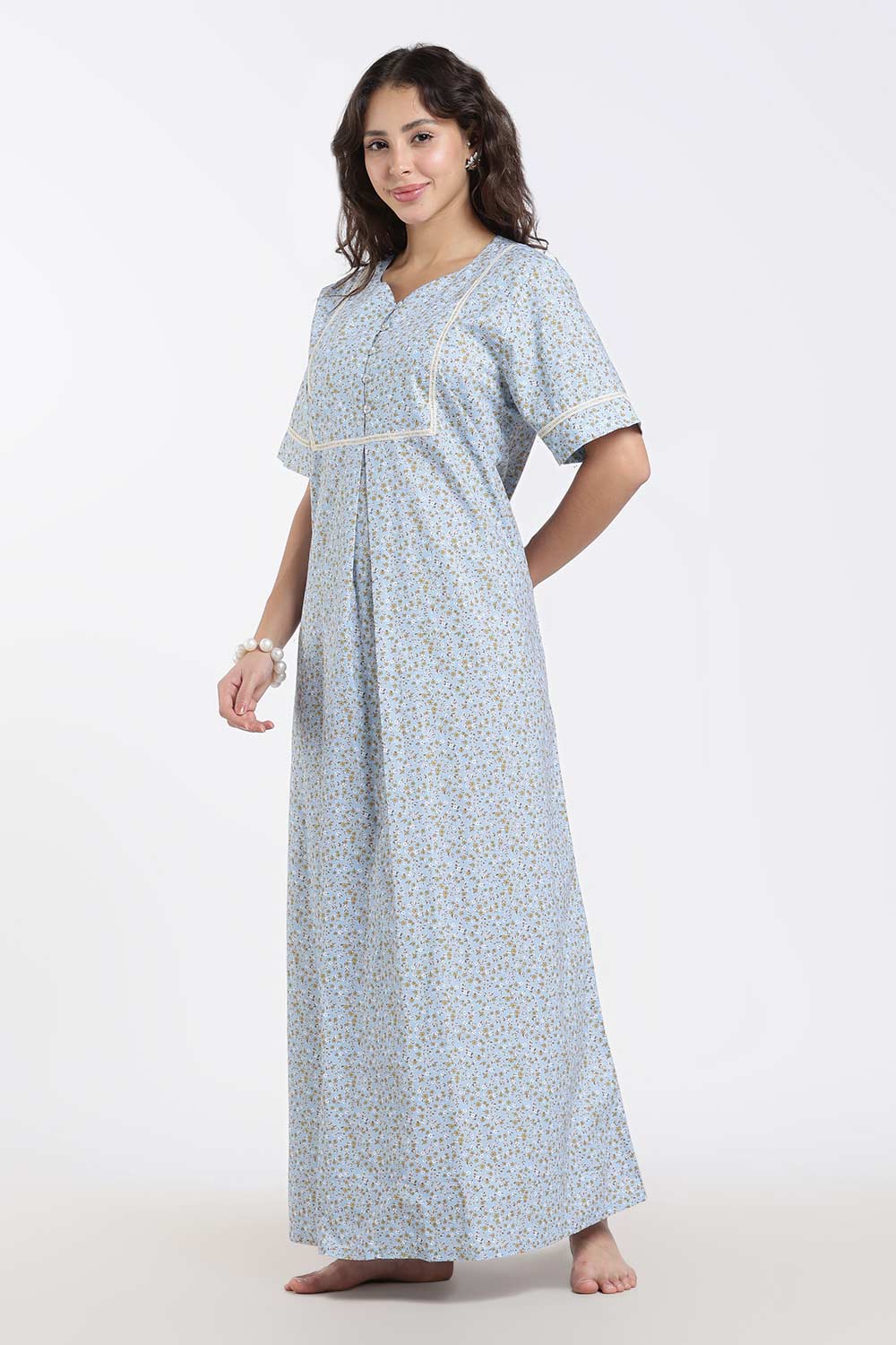 Naidu Hall Printed Cotton Nighty for Women – A-Line Full Length Sleepwear with Lace Yoke & Inverted Pleat | Comfortable Daily Wear Nighty
 - N138